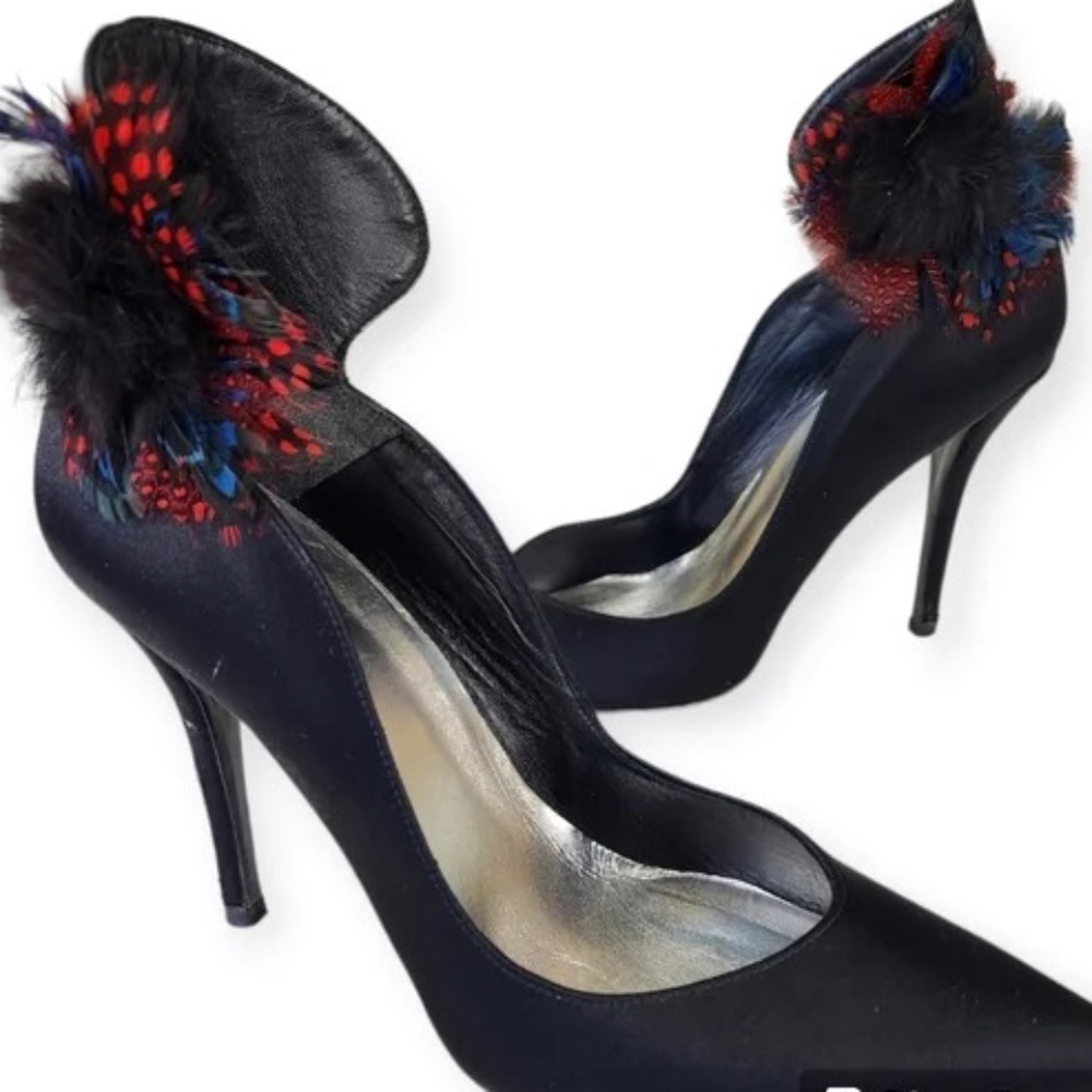 Stuart Weitzman Black Satin & Feather Heels